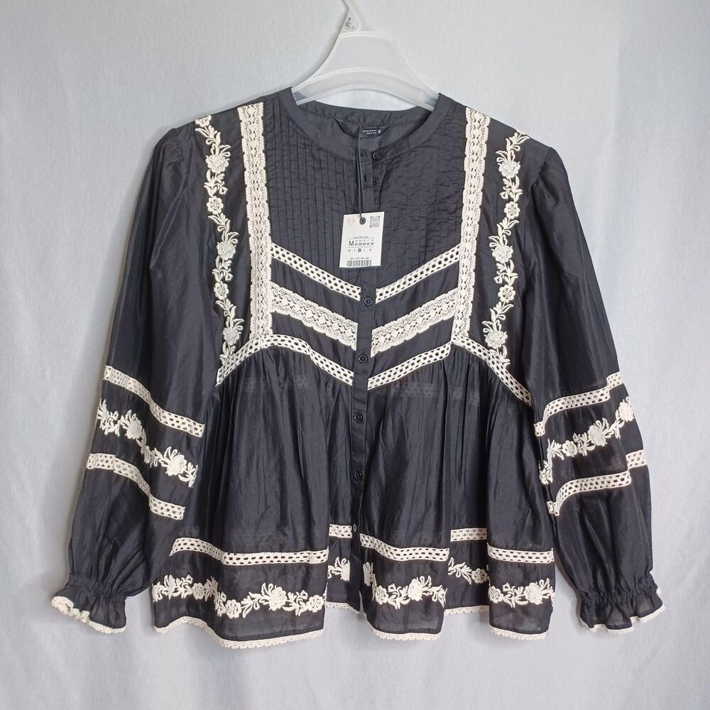 Zara Blouse Womens Medium Black Embroidered Crochet Boho Flowy Peasant Tunic Top